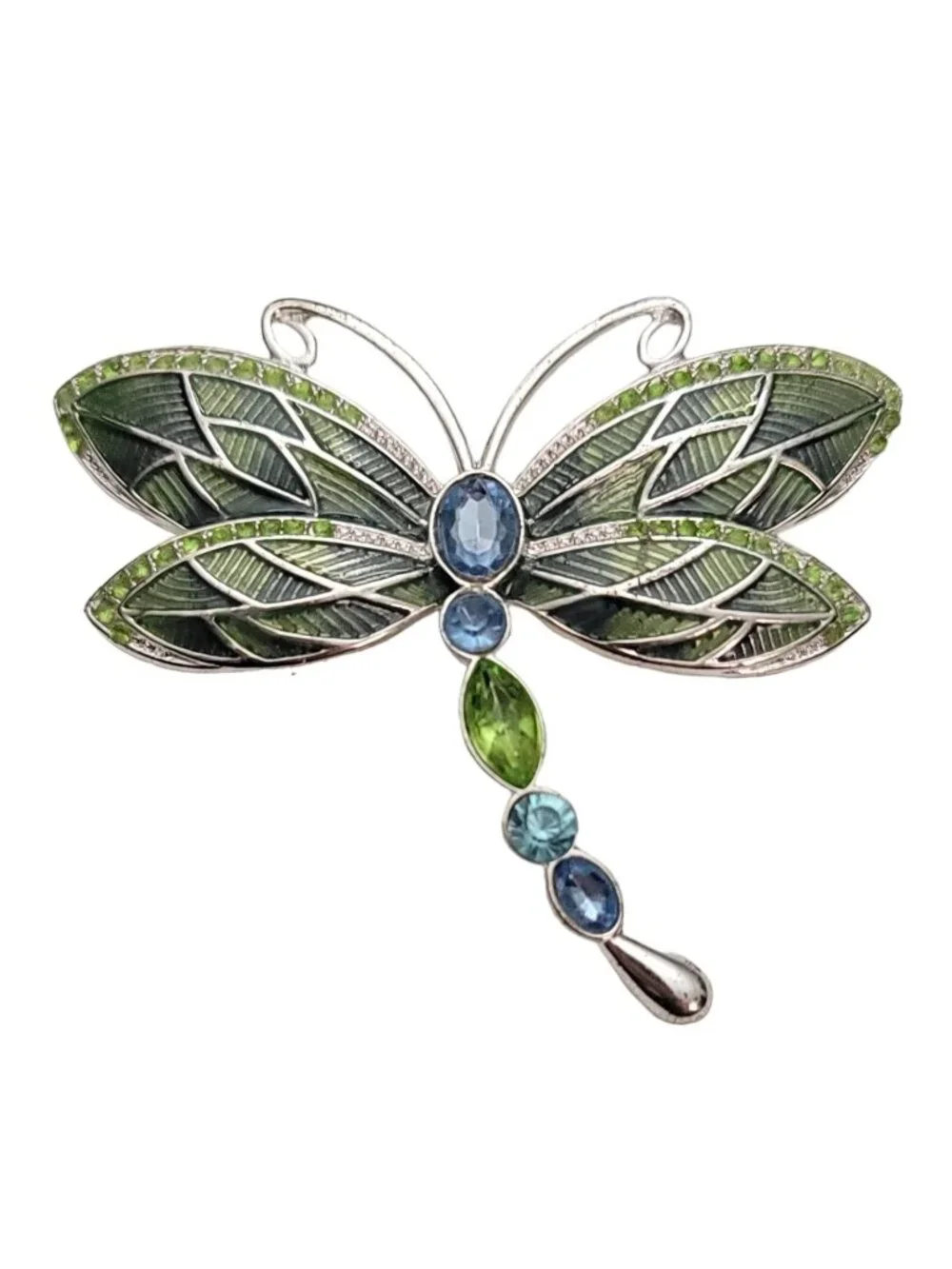 Napier Silver-Tone Green Blue Rhinestone Enamel Dragonfly Brooch Pin Signed E913